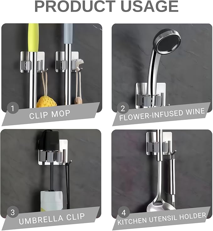 Mop and Broom Holder Wall Mount,Broom Holder Wall Mount,4 Pack Stainless Steel Broom Holders,with Strong Grip, Nail-Free Glue Installation,for Bathroom, Laundry,Office