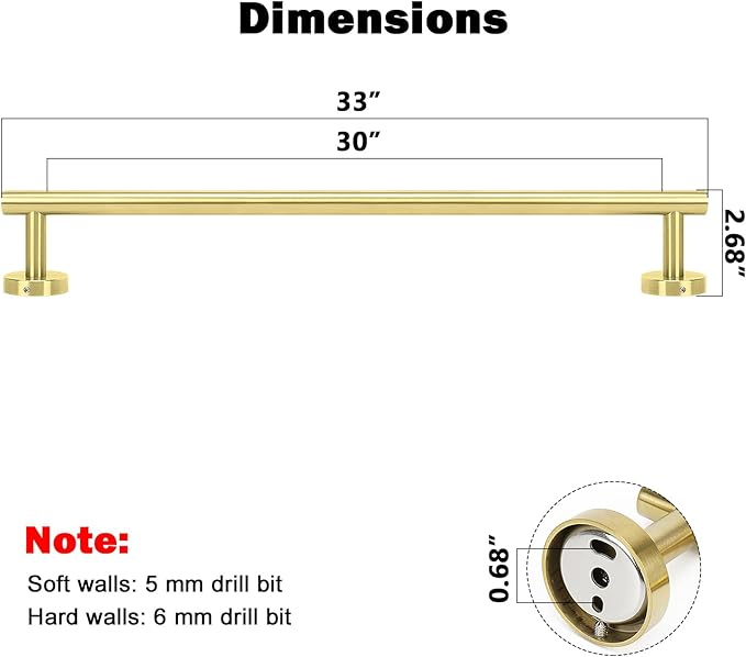 NearMoon Bath Towel Bar, Thicken Stainless Steel Shower Towel Rack Holder Wall Mounted for Bathroom, 33-lnch Overall Length-30-lnch Usable Hanging Space (1 Pack, Brushed Gold)