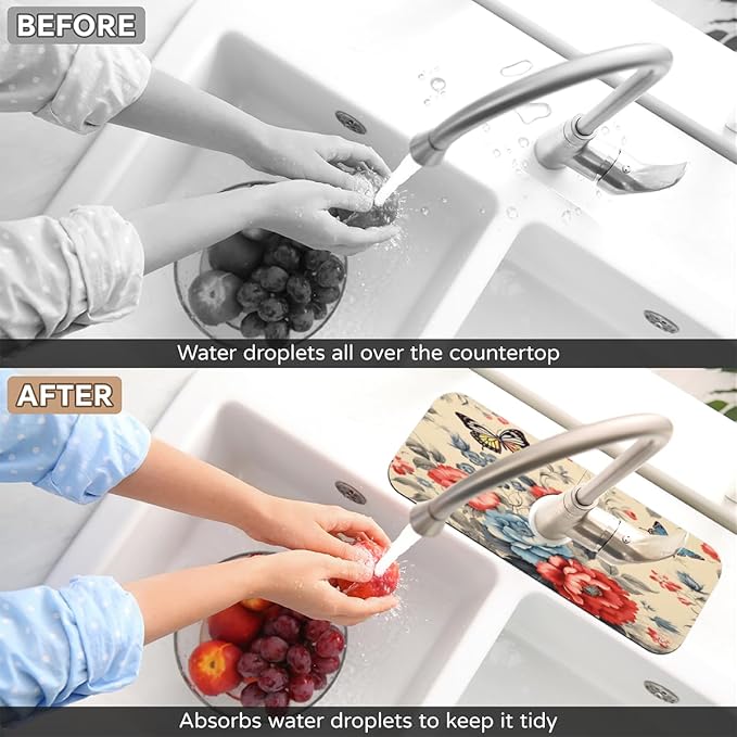 Vintage Floral Butterfly Kitchen Faucet Mat Splash Guard, 15.4”x5.7” Absorbent Quick Drying Sink Mat for Countertop Protection, Draining Mat Sink Protectors For Kitchen Bathroom, 1 Pack