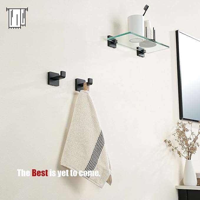 JQK Bathroom Towel Hook Black, Coat Robe Clothes Bath Wall Hooks for Kitchen Garage SUS 304 Stainless Steel Thick 0.8mm, 2 Pack Matte Black, TH250-PB-P2
