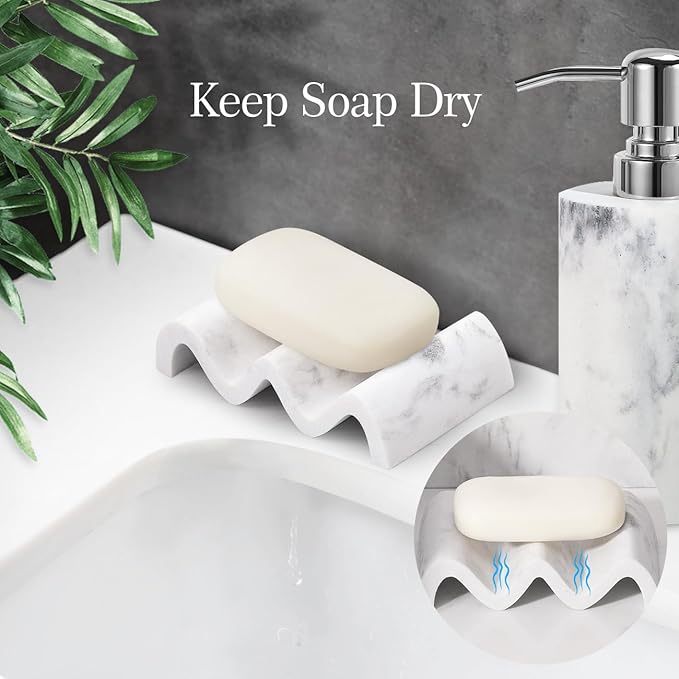 Luxspire Soap Dish, Marble Soap Dish, Self-draining Tray, Soap Holder Saver for Shower, Bathroom, Sink, Kitchen and Countertop, Gravel White, 2 Pack