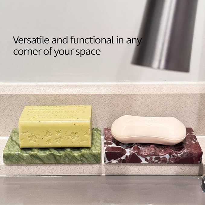 Real Marble Soap Dish for Shower - Decorative Stone Tray, Small Bar Soap Holder with Drainage | Non-Slip, Luxury Bath Room Accessories (Earth Green)