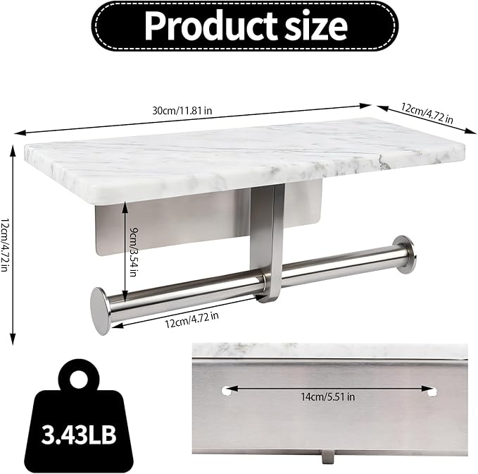 Toilet Paper Holder with Natural Marble Shelf for Bathroom Washroom,Wall Mounted Tissue Holder Suitable for Mega Roll (Brushed Nickel, Large 11.8 * 4.7)