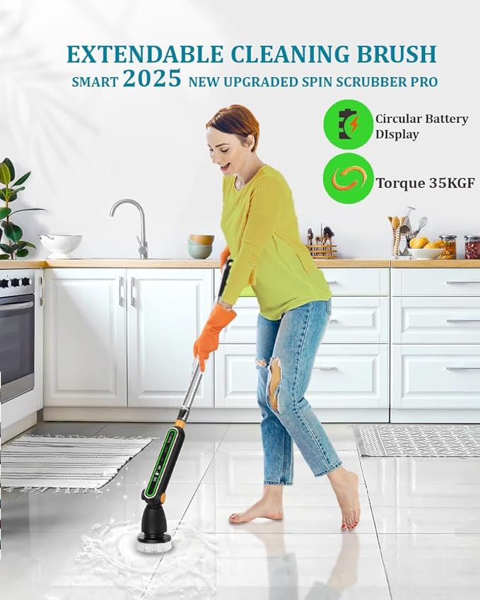 Smart Electric Spin Scrubber PRO| 2025 New Upgraded Quiet Cordless Shower Scrubber with 8 Replaceable Brush Heads|IPX7 Waterproof for Bathroom Tile Grout Kitchen Oven & Floor|Powerful and Efficient