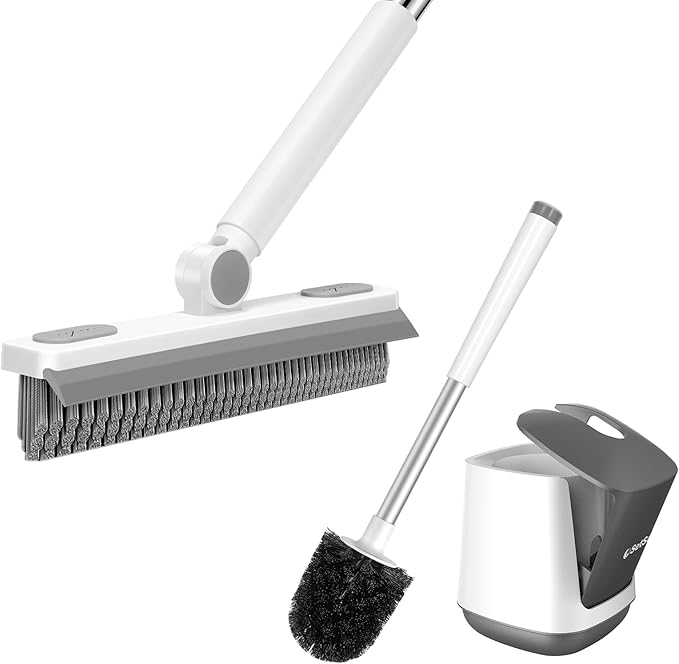 SetSail Grout Cleaner Brush with Long Handle & Toilet Brush and Holder, V-Shaped Floor Scrub Brush Swivel Grout Brush Stiff Bristle Floor Grout Scrubber for Bathroom