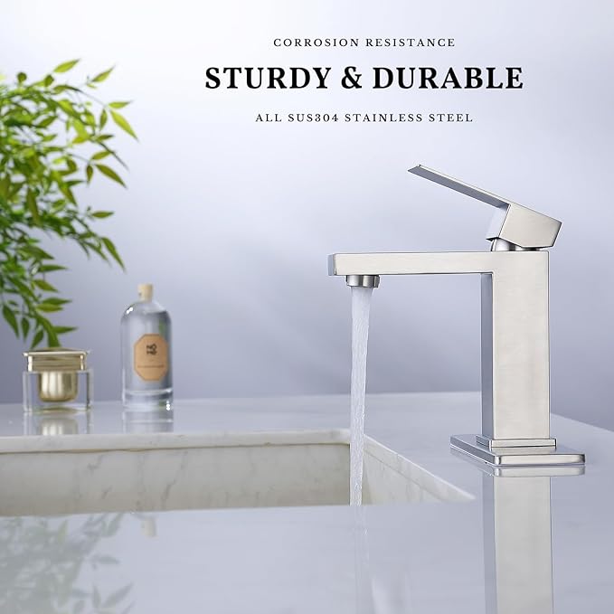 Bathroom Faucet for 1 Hole or 3 Holes Bathroom Sink Single Handle SUS304 Stainless Steel Sink Faucet with Pop Up Drain with Overflow Modern Vanity Faucets Brushed Nickel, SF3P-BN