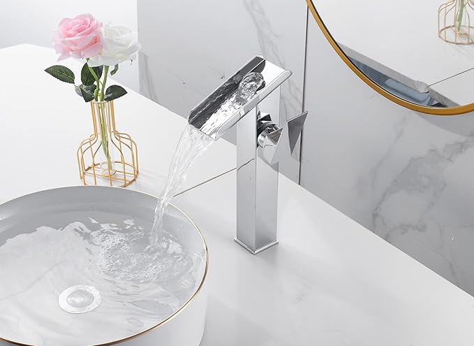 Bathroom Vessel Sink Faucet Chrome Waterfall Single Handle One Hole Bathroom Faucets Tall Brass Vanity Lavatory Bowl Sink Modern Commercial Basin Mix Tap Deck Mount Water Supply Hose