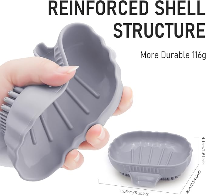 Silicone Soap Dish with Drain 2 Pcs, Anti-Slip Bathroom Bar Soap Holder Dishes Self Draining Waterfall Saver Plate for Shower Sink - Unique Bottom Brush Easy Dry & Clean (Black +Lavender Grey)