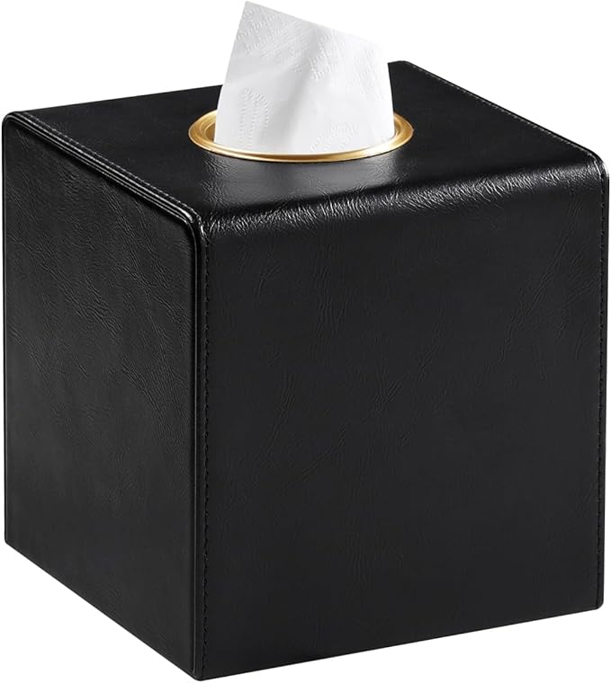 Square Tissue Box Cover, Luxury PU Leather Tissue Holder with Magnetic Closure (Black)
