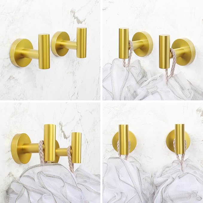 Gold 5-Pieces Bathroom Hardware Set Wall Mounted - Includes 24" Double Towel Bar, 12" Hand Towel Bar, Toilet Paper Holder, 2X Robe Towel Hooks