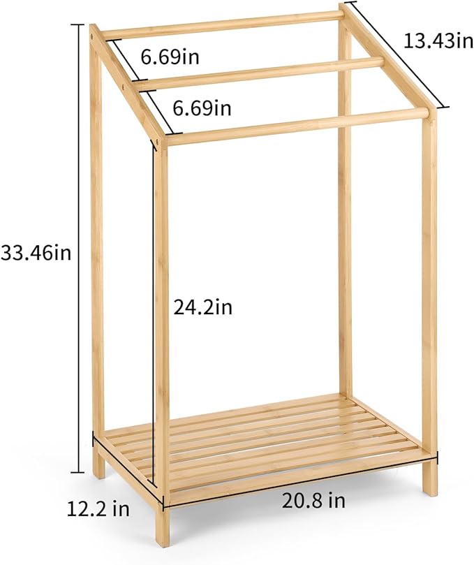 HYNAWIN Bamboo 3 Tier Towel Rack for Bathroom, Freestanding Beach Towel with Storage Shelf, Poolside Rack with Bottom Organizer for Bath, Hand Towel, Laundry