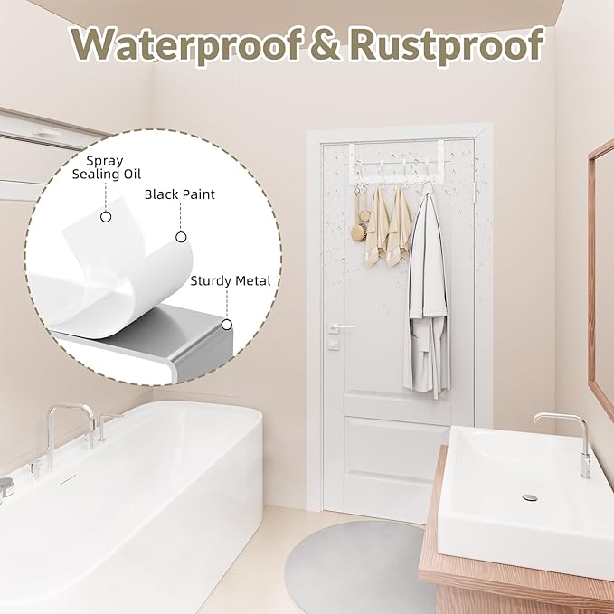 Over The Door Hooks Rustproof - 25lb Heavy Duty Over The Door Towel Rack, Door Hanger for Bathroom, Coat Rack Dorm Room Essentials (2Pack, White)