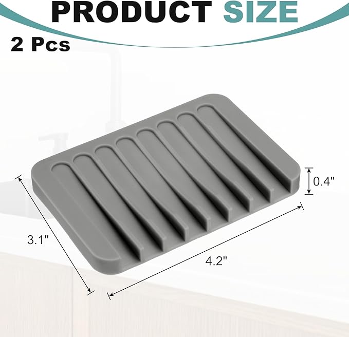uxcell 2 Pcs Self Draining Silicone Soap Dish, Soap Tray with Drainage for Bathroom Shower Kitchen Sink, 4.5" x 3.1" x 0.4", Dark Grey