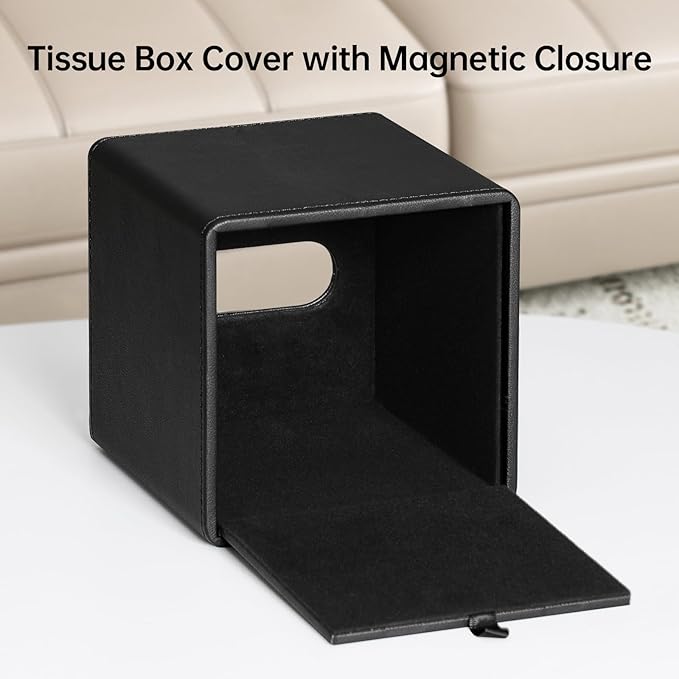 PU Leather Tissue Box Cover Square Tissue Box Holder with Magnetic Closure (Black)