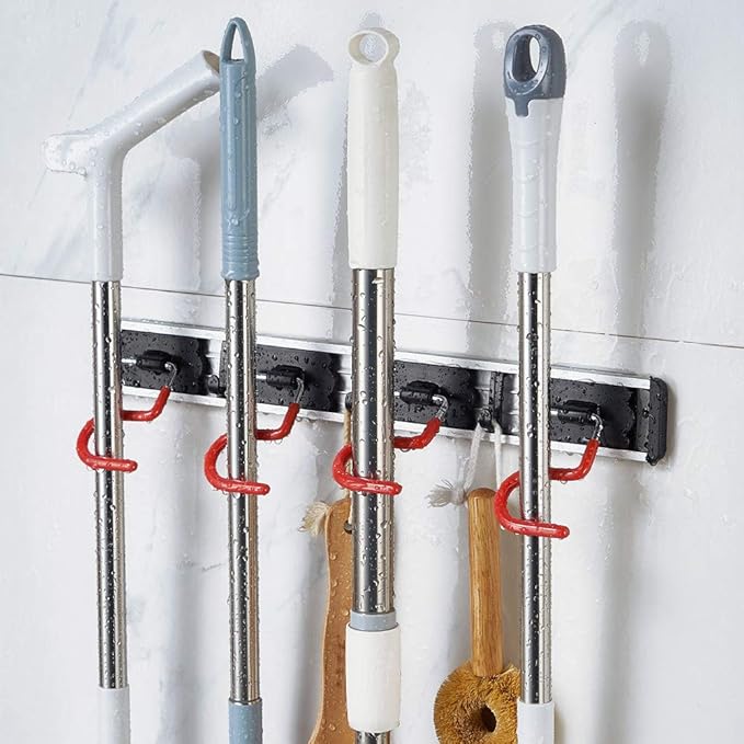 QBOSO Wall Mounted Mop and Broom Holder Stainless Steel S Type Broom Rack Anti-Slip Mop Organizer (17 Inches,4 Positions 3 Hooks, Red black) (17inch)