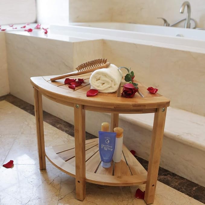 Zhuoyue Bamboo Corner Shower Stool Bench Waterproof with Storage Shelf, for Shaving Legs or Seat in Bathroom & Inside Shower