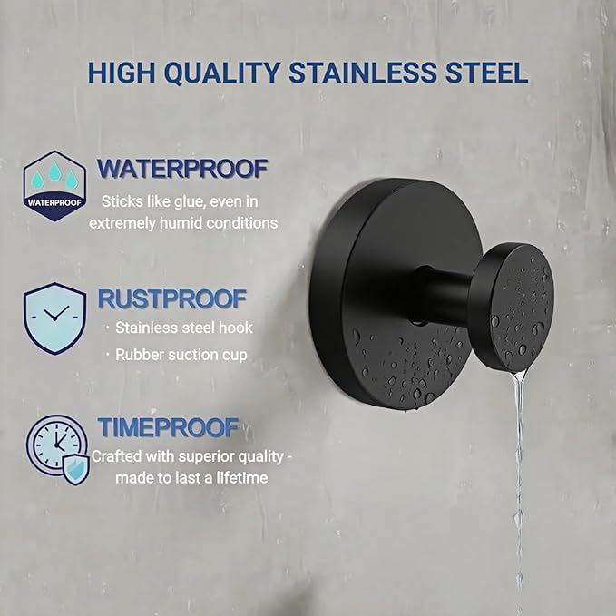 WZW&CLC Suction Cup Hooks for Shower, Stainless Steel Heavy Duty Hanger, Waterproof Removable Towel Hooks for Kitchen, Bathroom, Mirror, Wall, Glass (4, Black)