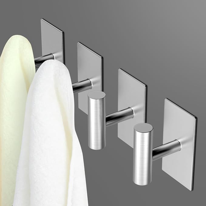 PMMASTO Adhesive Hooks, Matte Silver Stainless Steel Sticky Hooks for Hanging, Self Adhesive Shower Wall Hooks, Towel Hooks Heavy Duty for Bathroom, Bedroom RV and Kitchen- 4 PC