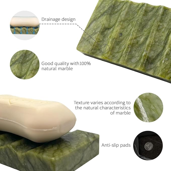 Real Marble Soap Dish for Shower - Decorative Stone Tray, Small Bar Soap Holder with Drainage | Non-Slip, Luxury Bath Room Accessories (Earth Green)