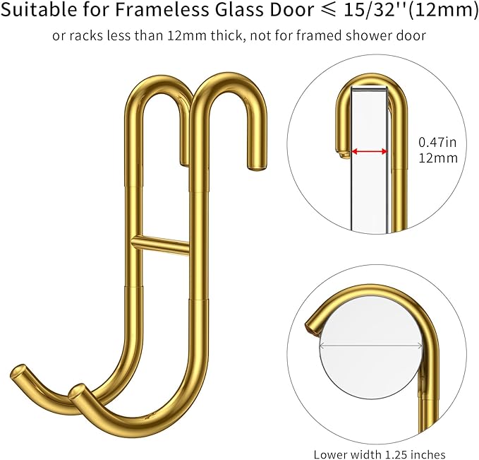 304 Stainless Steel Shower Door Hooks, Gold, 2 Pack Over Shower Glass Door Hook, Rack Hooks, Frameless, Bathroom Hanger, Drilling-Free, Glue-Free, Towel Hooks for 0.47inch Thickness Glass