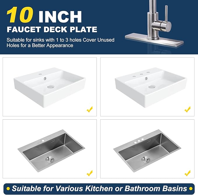 10" Sink Faucet Hole Cover Deck Plate for Bathroom & Kitchen Vanity Sink, Faucet Brushed Nickel Escutcheon Plate Stainless Steel Outside Faucet Cover Cap Rectangle Mixer Tap