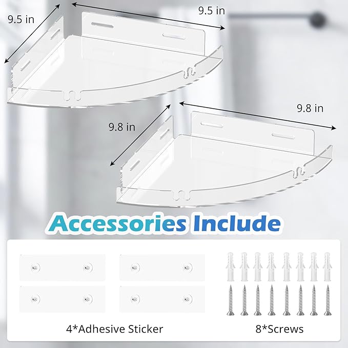 2 Pack Acrylic Corner Shower Caddy, Clear Corner Shower Shelf with 4 Hooks, Adhesive Wall Mounted Bathroom Shower Shelf Organizer for Inside Shower & Kitchen Storage