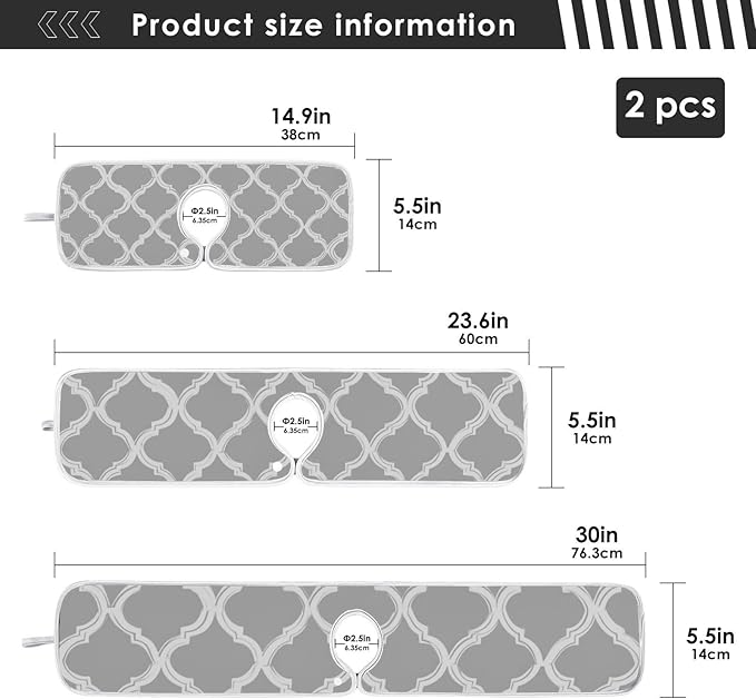 2 PCS Kitchen Sink Splash Guard 23.6 Inch Faucet Mat for Kitchen Sink Bathroom Sink Faucet Absorbing Drip Drain Mat Pad Microfiber Soft Washable Grey and Black Quatrefoil