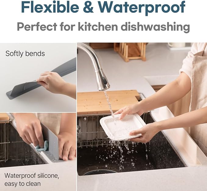 FLT Aqua Silicone Sink Splash Guard-Water Splash Gaurd for Kitchen, Island and Bathroom- 20 inch wide-No Suction Cup (Made in Korea) (Grey)