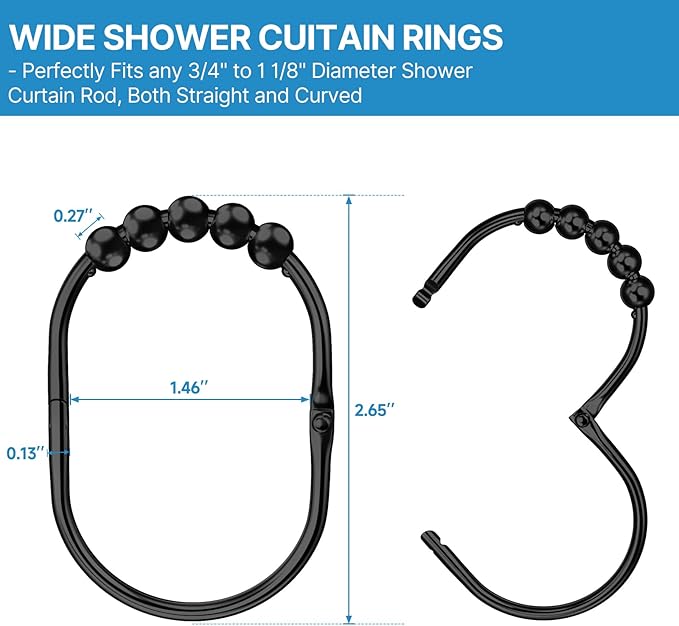 12PCS Wide Shower Curtain Hooks, Rust Proof Stainless Steel Shower Curtain Rings, Heavy Duty Shower Hooks for Shower Curtain Bathroom Curtain Hooks, Easy Glide Rollers, Set of 12, Black