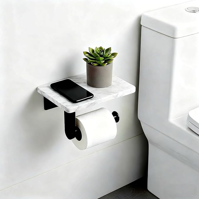 Toilet Paper Holder with Natural Marble Shelf for Bathroom Washroom,Wall Mounted Tissue Holder Suitable for Mega Roll (Small 6.7 * 4.3 in Matte Black)