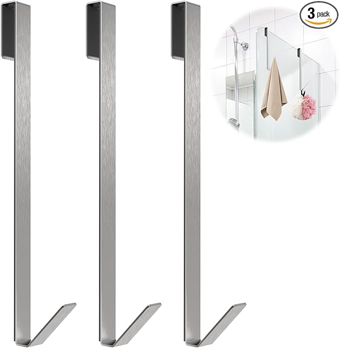 Linone 12 in Shower Door Hooks, Towel Hooks for Bathrooms, Shower Hooks for Towels, Heavy Duty Drilling-Free Extended Over Door Towel Hooks for Frameless Glass Shower Door, 3 Pack