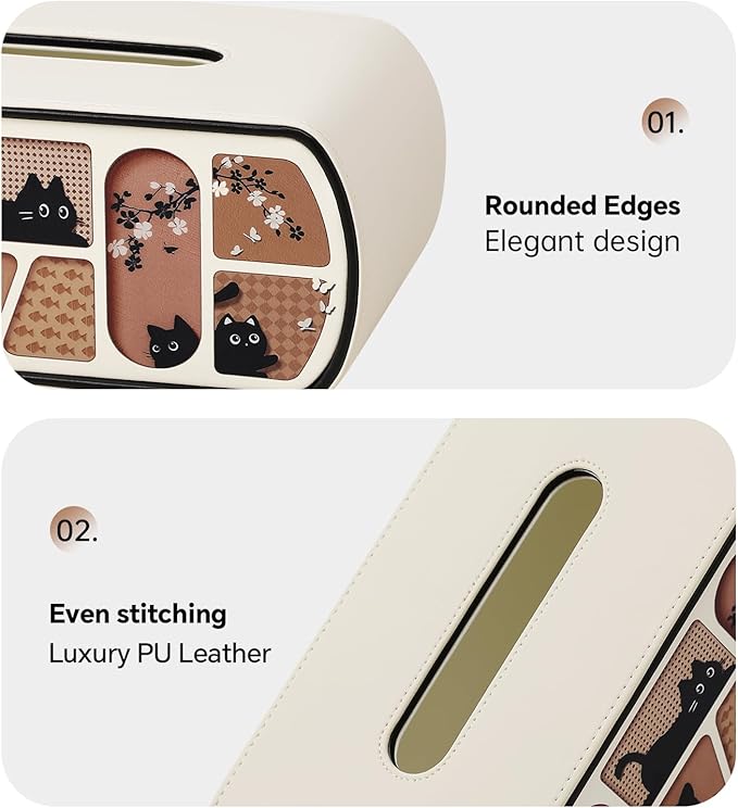 Kitty Cat Tissue Box Cover Rectangle, 4 Inches High Tissue Box Holder for 120(3-Ply)/160(2-Ply) Count Boxes, Stylish Curved Edge Tissue Holder for Bathroom Living Room Car Office (Beige)