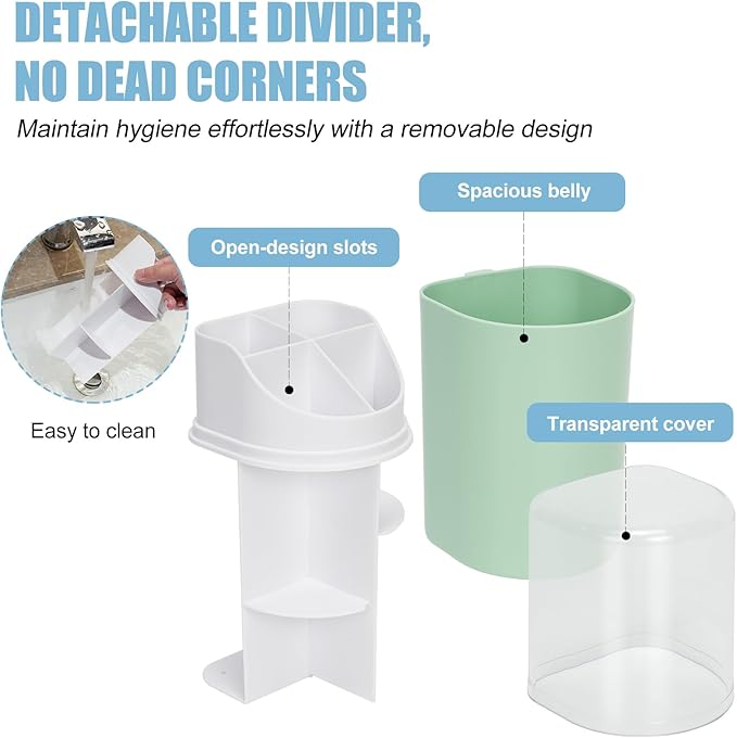 Tall Electric Toothbrush Holder with Cover, 10.6" Dust Proof Bathroom Caddy Fits Adults Electric Toothbrushes, Toothpaste, Wall Mount or Countertop Organizer with Removable Dividers, 4 Slots (Green)