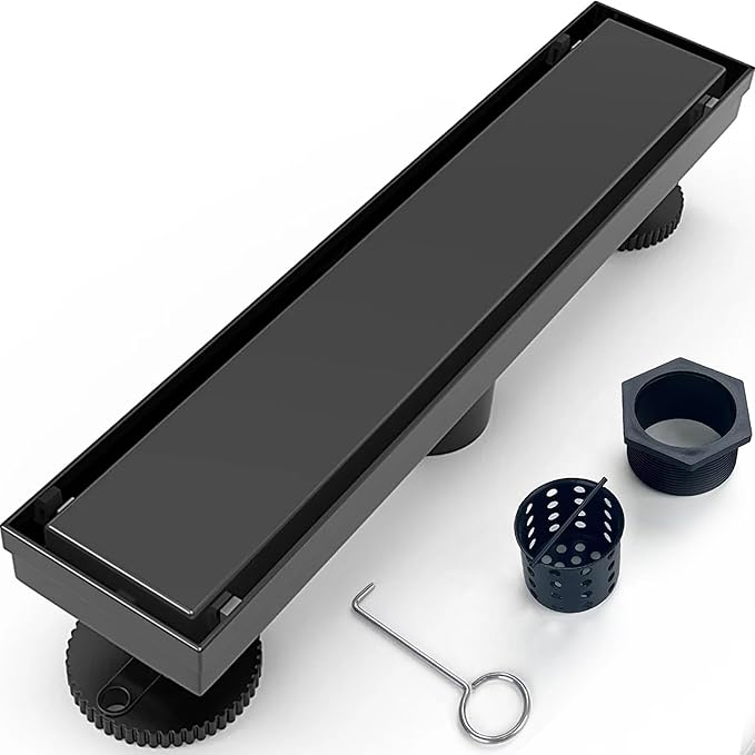 12 Inch Linear Shower Drain Matte Black Floor Drain for Bathroom Kitchen Rectangular 2 in 1 Floor Drain Tile Insert Cover 304 Stainless Steel Easy Install with Hair Strainer, Adjustable Leveling Feet