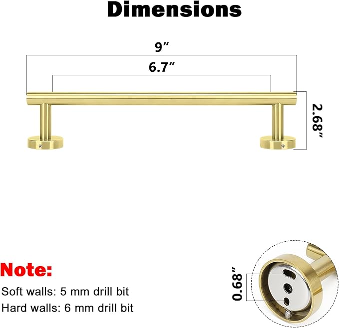 NearMoon Bath Towel Bar, Thicken Stainless Steel Shower Towel Rack Holder Wall Mounted for Bathroom, 9-lnch Overall Length-7-lnch Usable Hanging Space (1 Pack, Brushed Gold)