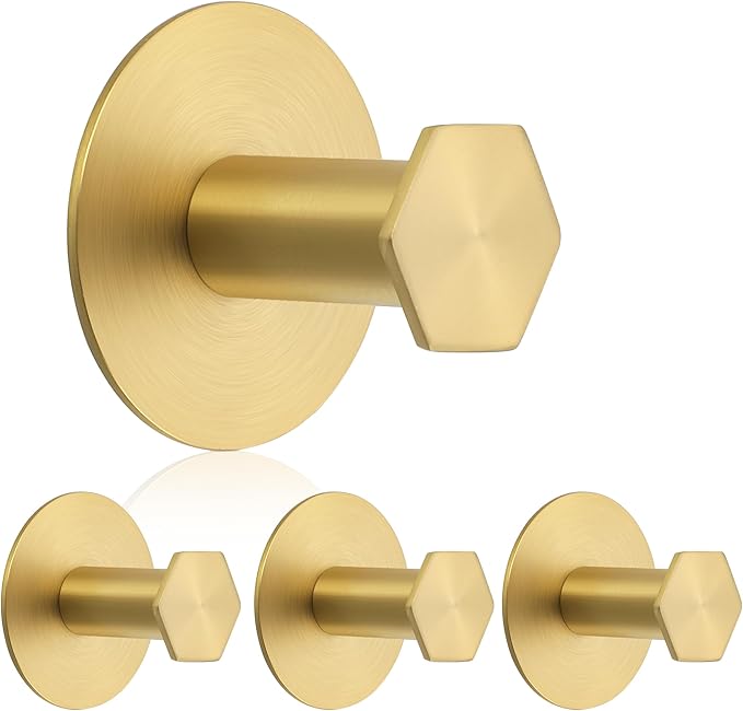 SAYAYO Adhesive Hooks for Hanging Coat, Hat, Robe, Brushes, Stick on Towel Hooks for Bathroom Kitchen, Waterproof SUS304 Stainless Steel Sticky Wall Hooks, No Nails, 4 Pack, Brushed Gold