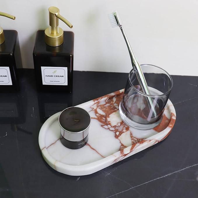 OOBOOB Oval Natural Marble Bathroom Tray for Decor Countertop, Marble Vanity Tray for Candles Perfume, Jewelry, Cosmetics, Elegant Vanity Organizer for Jewelry, Perfume