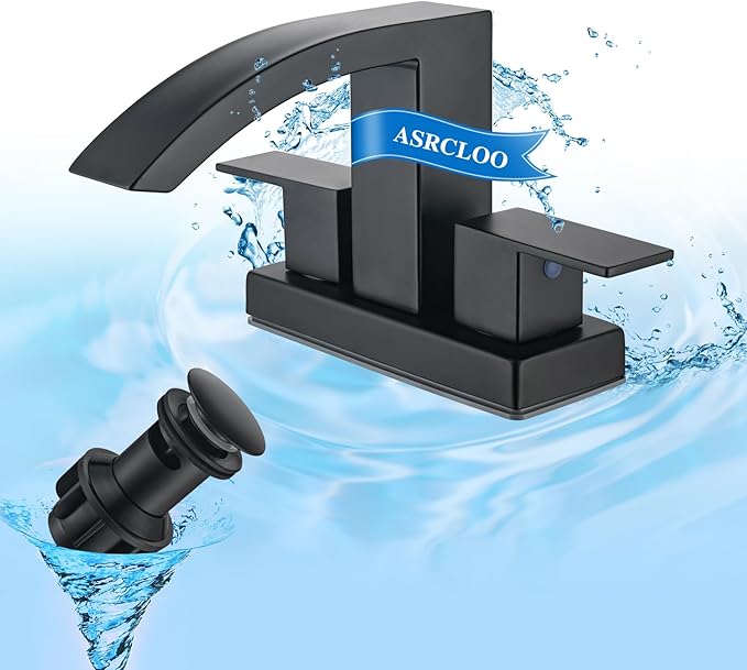 4 Inch Centerset Bathroom Faucet, 2-Handle Waterfall Sink Faucet 3 Hole, Matte Black Vanity Faucet with Pop Up Drain & cUPC Supply Hoses,Waterfall Bathroom Faucet for Lavatory