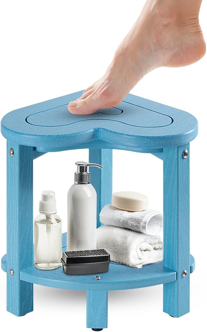 UHA Corner Shower Stool for Shaving Legs， HDPE Waterproof Bathroom Shower Bench, Poly Lumber Corner Seat with Storage Shelf, Adjustable Height Non-Slip Feet, No Maintenance(Pacific Blue)