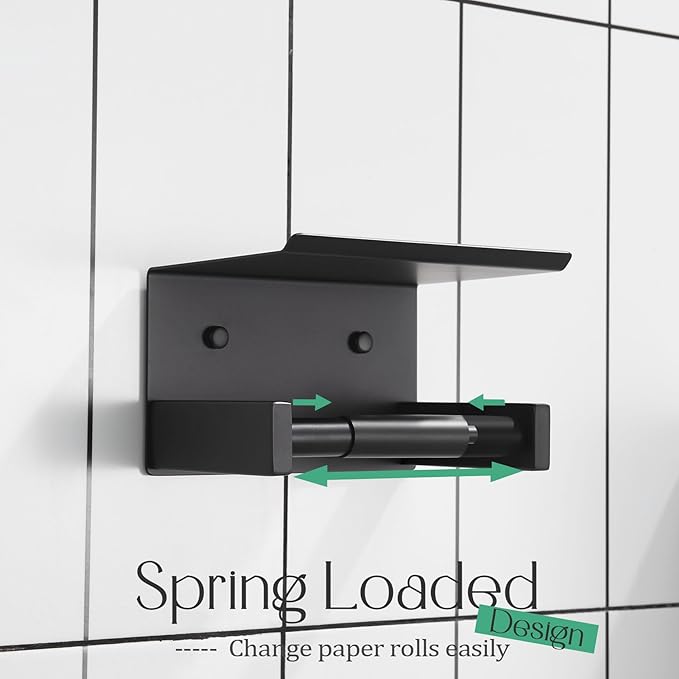 KOKOSIRI Roll Paper Holder Spring Loaded Tissue Paper Holder Bathroom Toilet Roll Holder with Shelf Wall Mounted Stainless Steel Matte Black B2012BK