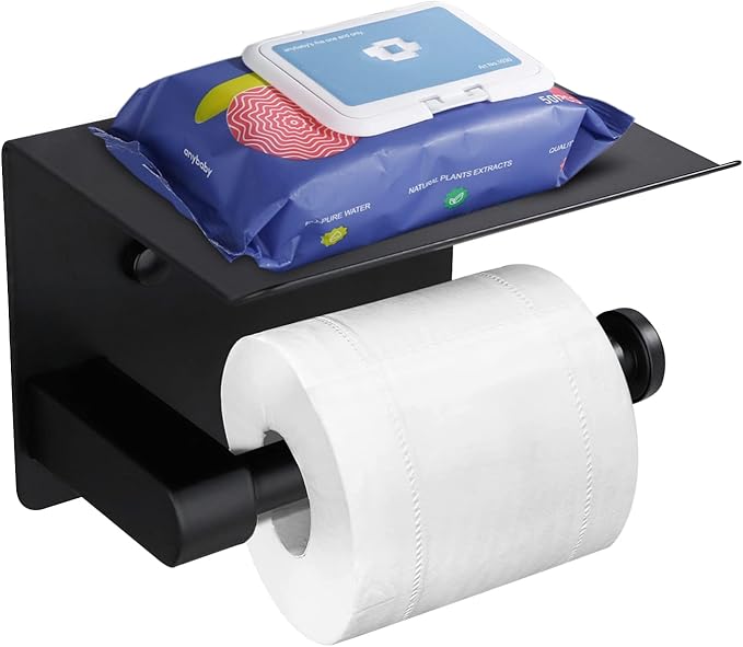 Toilet Paper Holder- Wall Toilet Paper Holder with Phone Shelf Storage Paper Roll Tissue Holder Dispenser Mounted Black Adhesive Paper Holders with Shelf Organizer for Bathroom