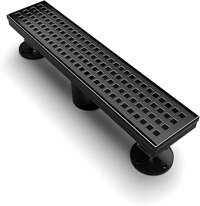 Linear Shower Drain 12 Inch Rectangular Floor Drain with Removable Square Hole Cover and Hair Catcher, Long Shower Drains 304 Stainless Steel CUPC Certified (Matte Black)