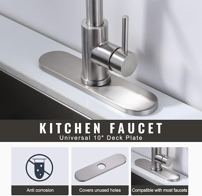 10" Sink Faucet Hole Cover Deck Plate (Arc Edge) for Kitchen & Bathroom Vanity Sink, Faucet Brushed Nickel Escutcheon Plate Stainless Steel Outside Faucet Cover Cap for 1 or 3 Hole Mixer Tap