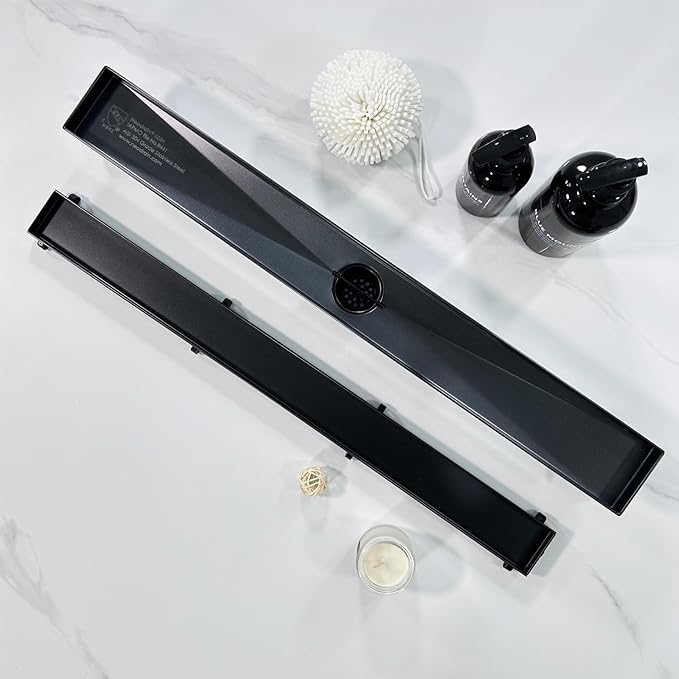 Neodrain 28-Inch Black Linear Shower Drain,with 2-in-1 Flat & Tile Insert Shiny Black Cover, Rectangle Shower Floor Drain, Floor Shower Drain with Adjustable Leveling Feet, Hair Strainer