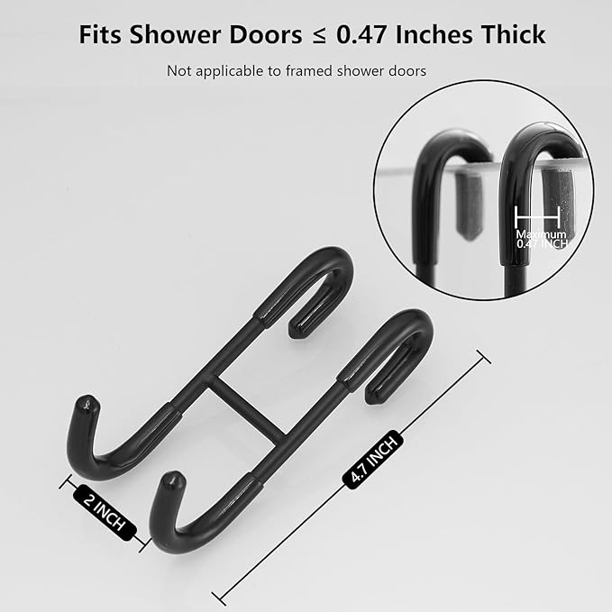 Shower Door Hooks (2-Pack), 304 Stainless Steel Towel Hooks,Over Door Hooks for Bathroom,Drilling-Free Hanger Matte Black Shower Hooks