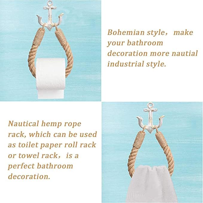 Nautical Toilet Paper Holder Rustic-Industrial Wall-Mounted Nautical Toilet Paper Towel Ring with Metal Hook for Bathroom Decor (White)