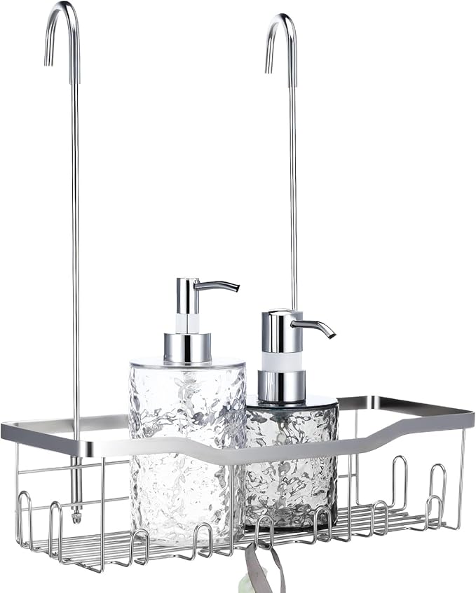 Hanging Shower Organizer, No Drilling Showers Caddy Hanging Stainless Steel Shower Rack with Hooks Showers Caddy Rustproof Over the Door for Bathroom Towels Sponge