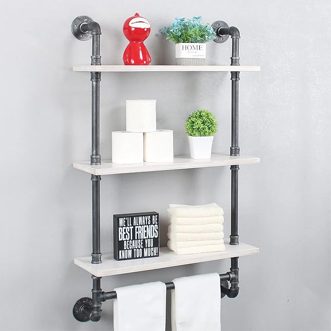 MBQQ Industrial Shelving,Bathroom Shelves with Towel bar,24in Rustic Metal Pipe Floating Shelves Pipe Wall Shelf,3 Tier Industrial Shelf Wall Mounted,Retro White