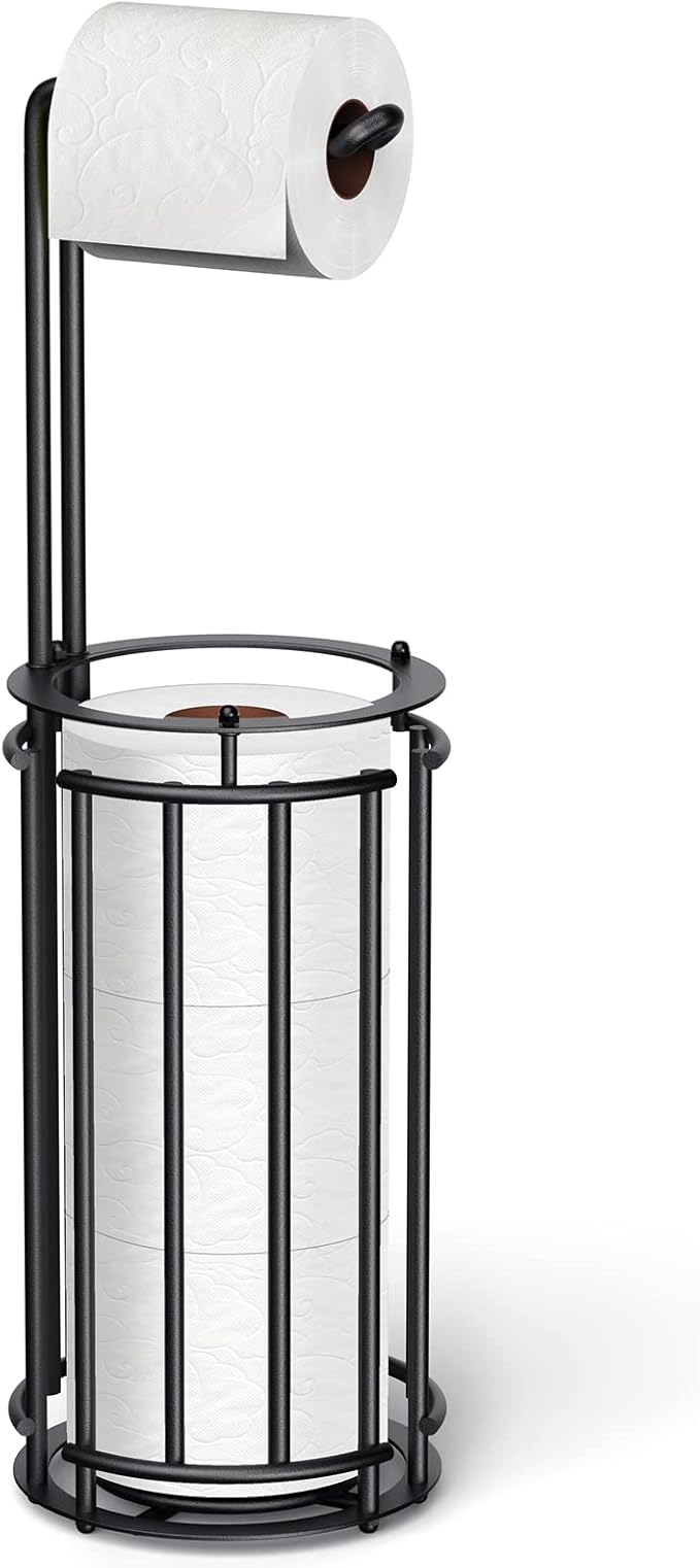 Meangood Toilet Paper Holder Stand and Tissue Paper Roll Dispenser for 4 Mega Rolls, Bathroom Free Standing Tissue Roll Storage Holder Rack,Detachable (Black)