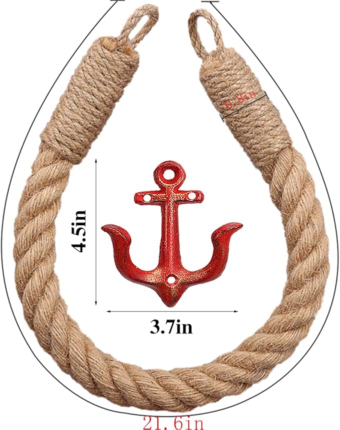 Nautical Toilet Paper Holder Rustic-Industrial Wall-Mounted Nautical Toilet Paper Towel Ring with Metal Hook for Bathroom Decor(Red)